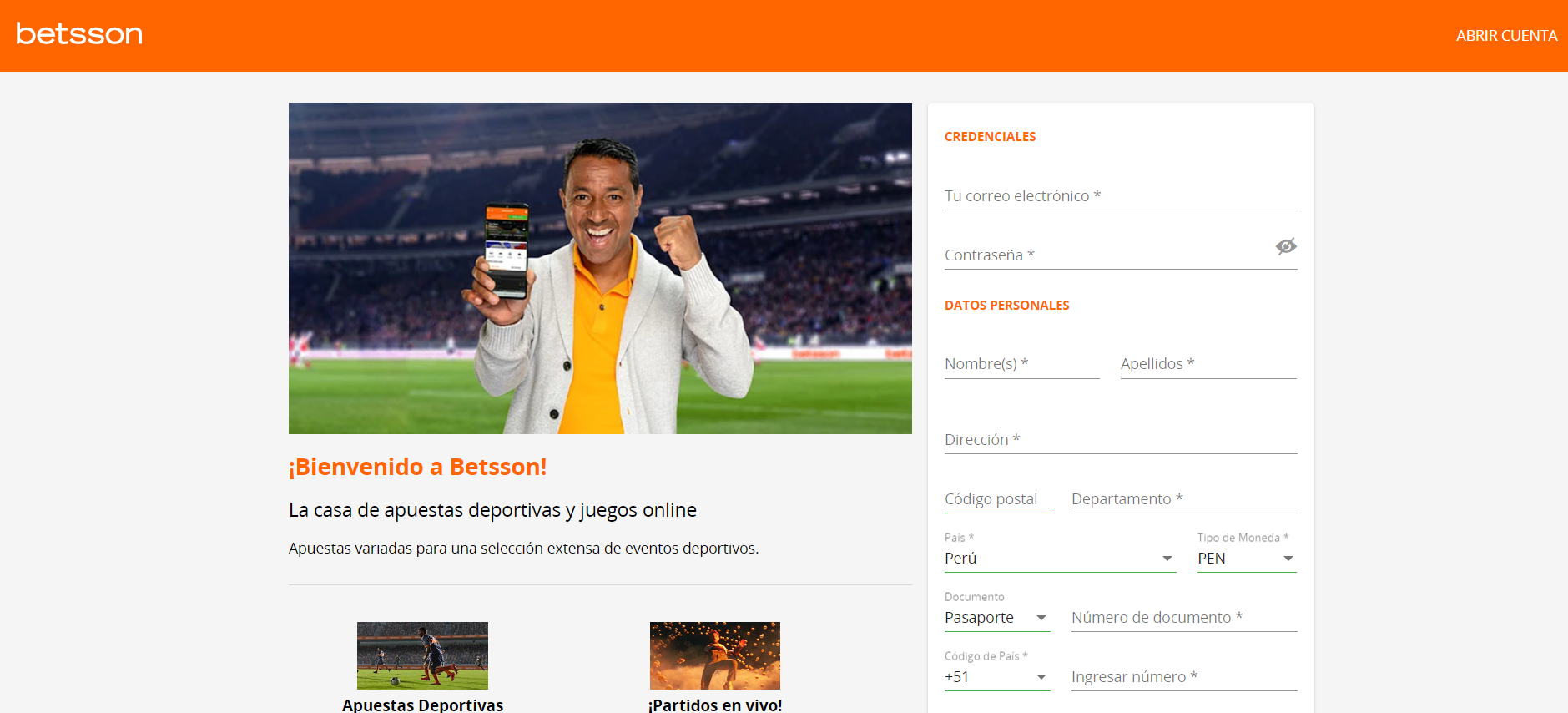 Registro en Betsson Perú